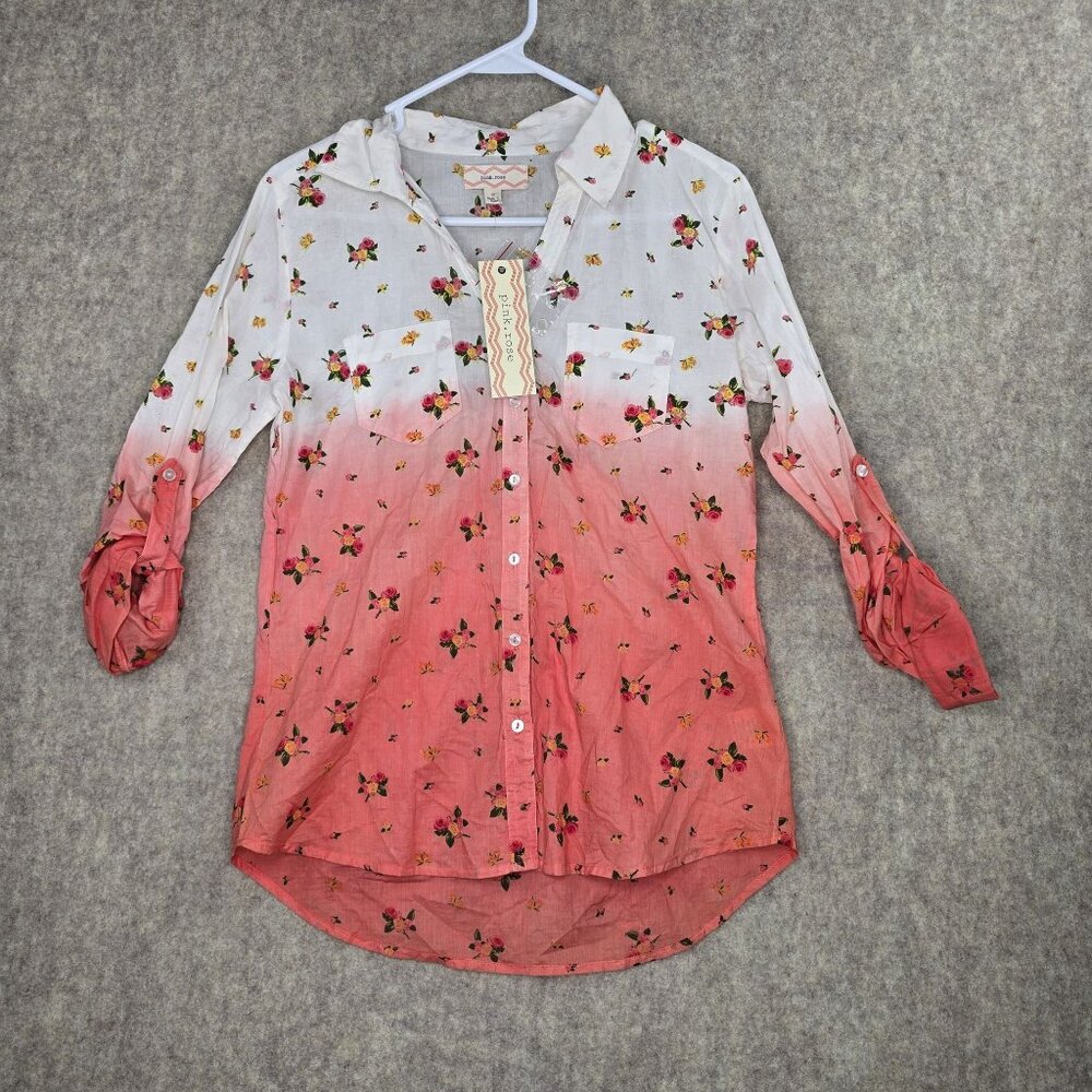 Pink Rose Women Button-Up Floral Gradient Shirt White/Coral M Cotton Long Sleeve